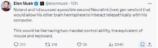 马斯克：正与首位受试者讨论第二代脑机芯片Neuralink！允许大脑右半球与电脑进行心灵感应互动